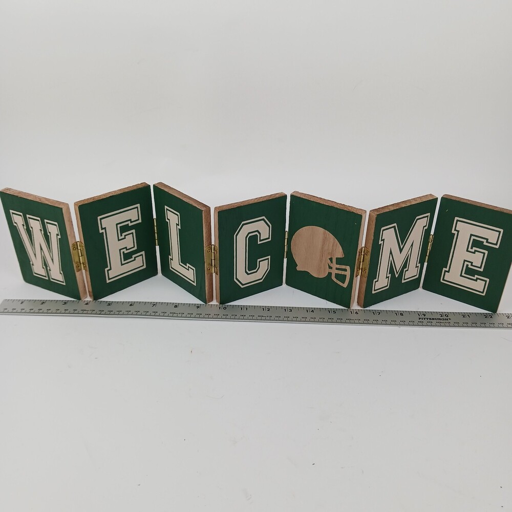 Wooden Block Hinge Foldable Green Welcome Sign Football Theme Free Standing